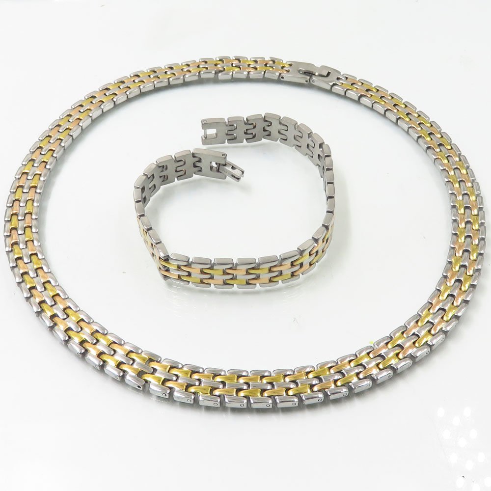 Two-tones men necklace bracelet set boys jewelry cuban-curb chain set