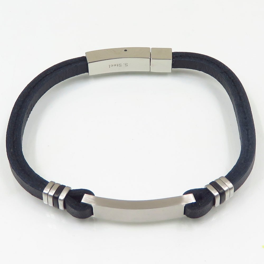 Fashion simple style stainless steel  plain silver black leather bangle