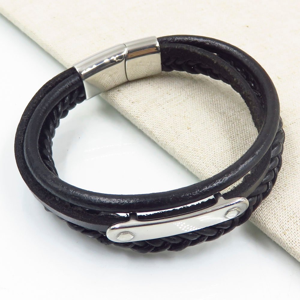12mm Fashion black leather stainless steel weaving bangle
