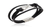Simple eight shape steel bracelet  handmade black leather men jewelry