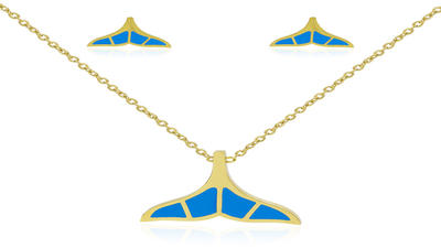 18k gold plated women blue fishtail pendant jewelry set