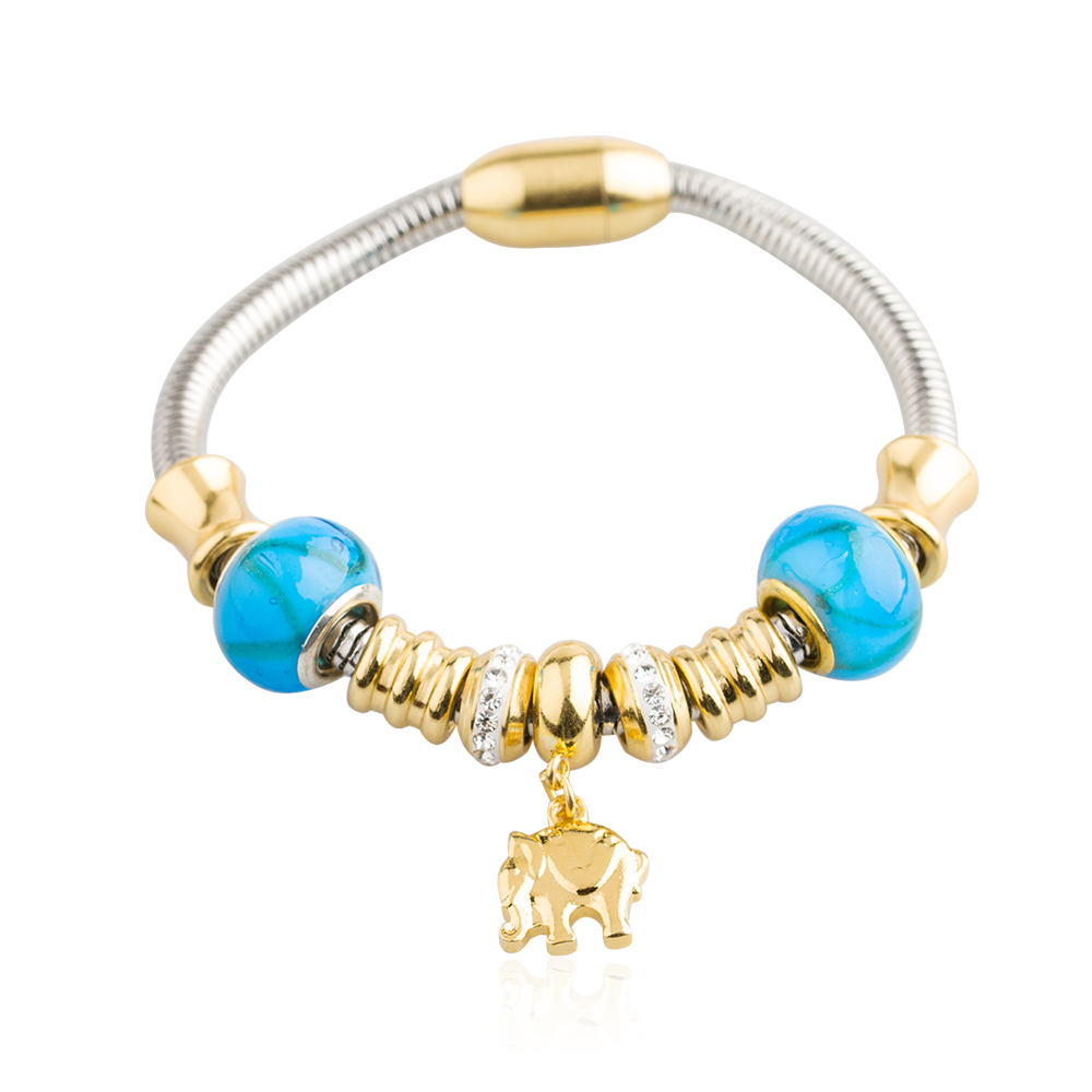 Charming steel bracelet light blue beads women jewelry