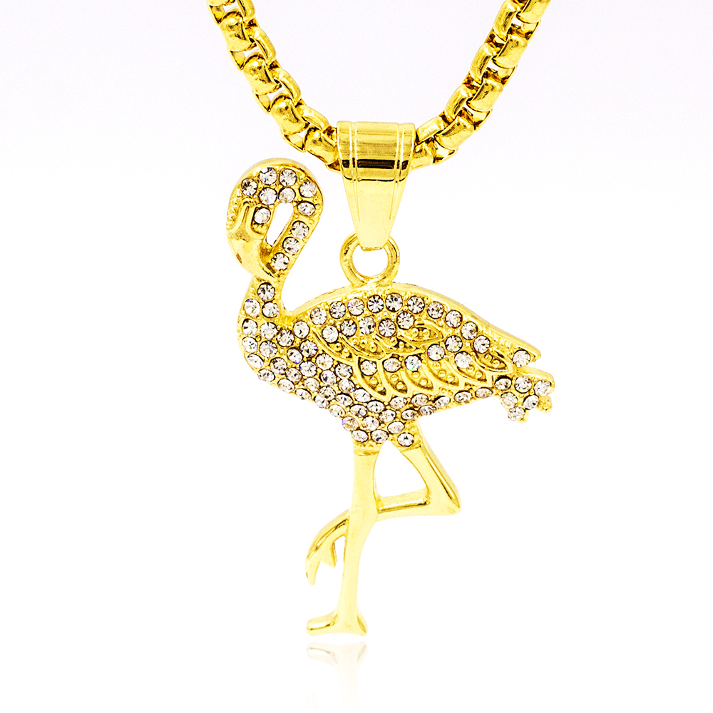 Wholesale China Fashion Jewelry flamingo animal pendant stainless steel gold plated glitter crystal women necklace