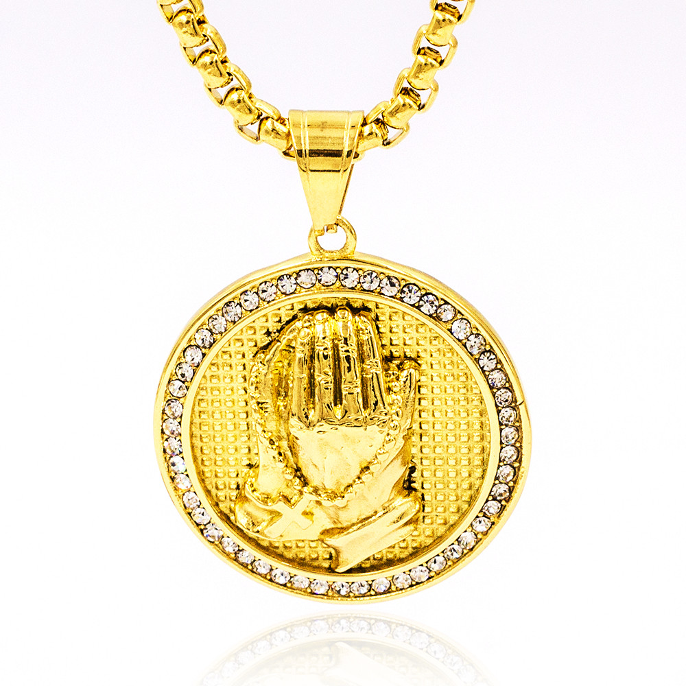 Wholesale 18K men gold pendant stainless steel jewelry diamond around prayer hand necklace