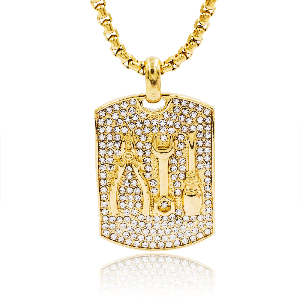 Wholesale bling bling crystal men pendant stainless steel 18k gold plated custom chain necklace