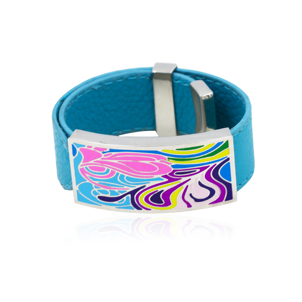 Wholesale Stainless Steel sky blue color leather bracelet women colorful enamel bangle