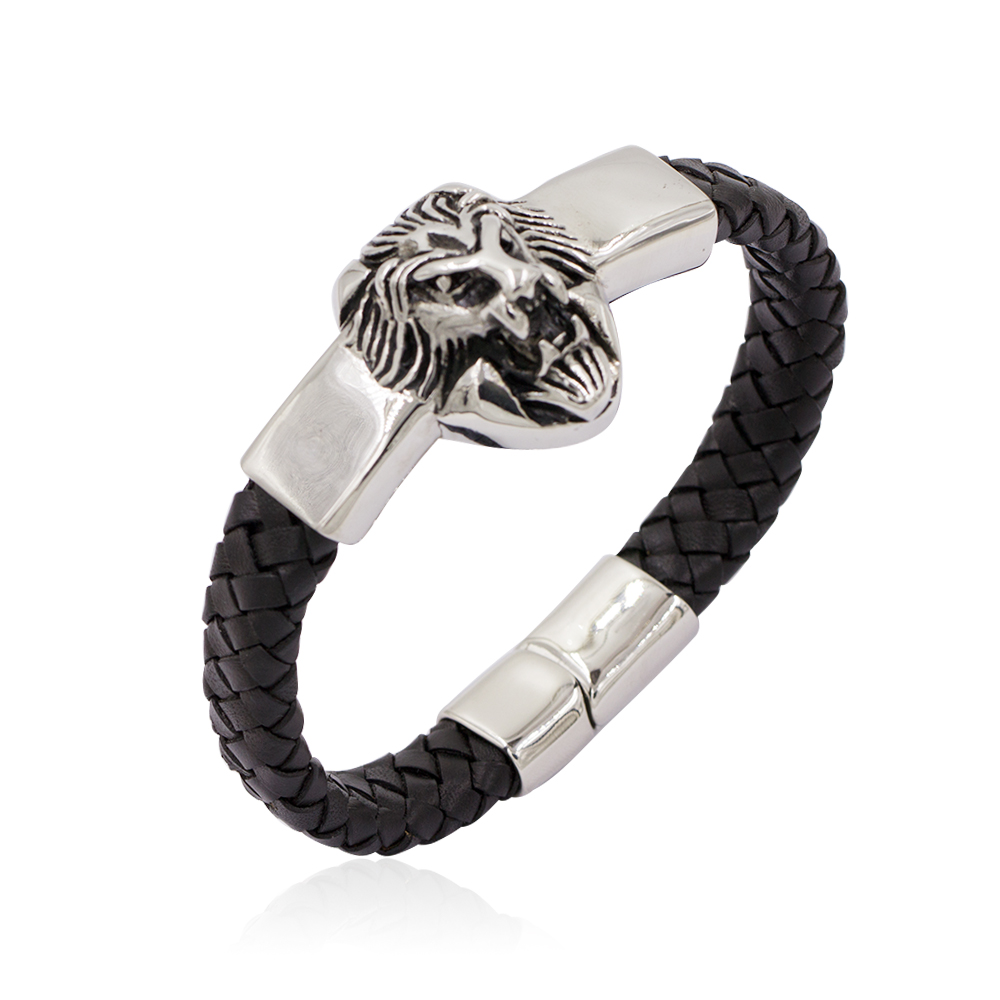 High Quality Evil Lion Charm Leather Bangle for Man Punk Leather Bracelet Men leather charm bracelet-AW00210-683