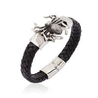 Cool Wrist Bracelet Genuine Leather Silver Metal Spider Men Jewelry Bracelet Bangle in Stainless Steel-AW00211-683