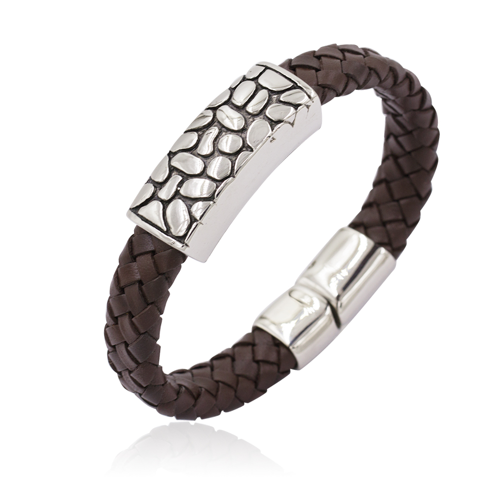 Wholesale Brown Color Genuine Leather Braided Bracelets Men Bangles Wristband Stainless Steel Bangle-AW00212-683