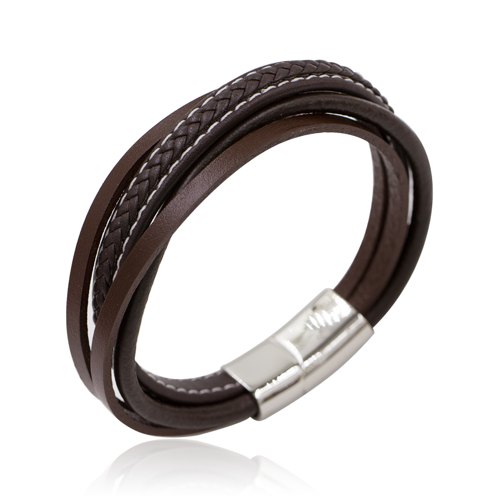 Fashion Stainless Steel Brown Color Charm  Leather Bracelet Bangle For Men's Jewelry