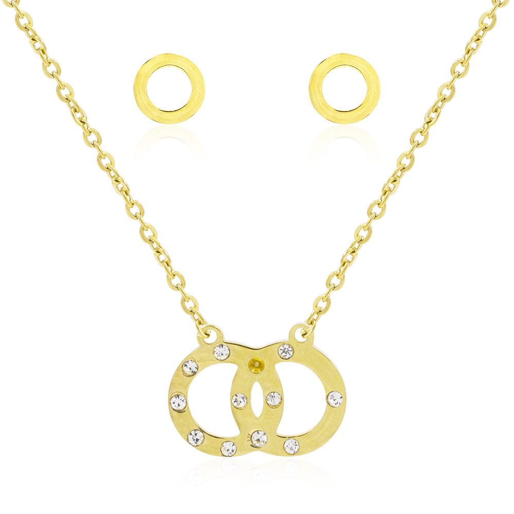 Fashion wholesale MOQ 3pcs Stainless Steel Round shape 18k gold women crystal jewelry set