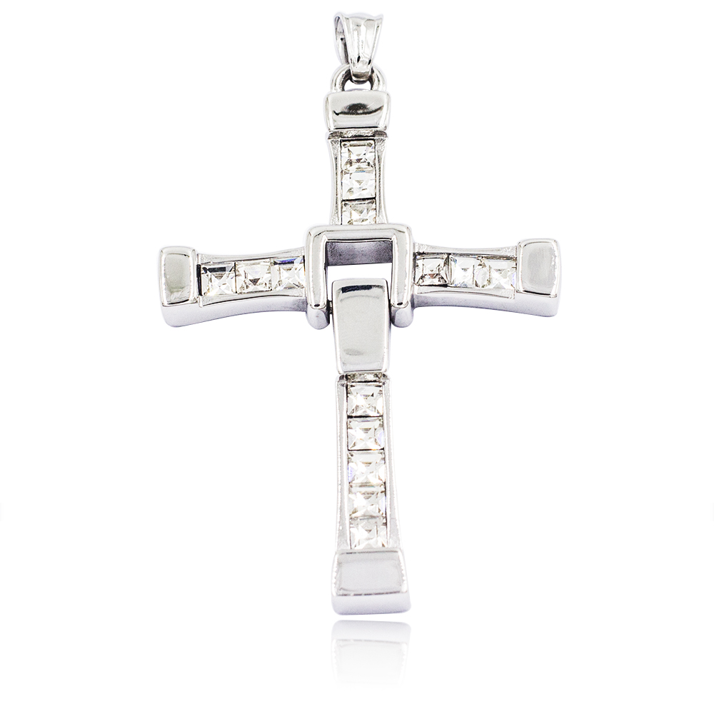 Shinny stainless steel jesus cross pendant with stones