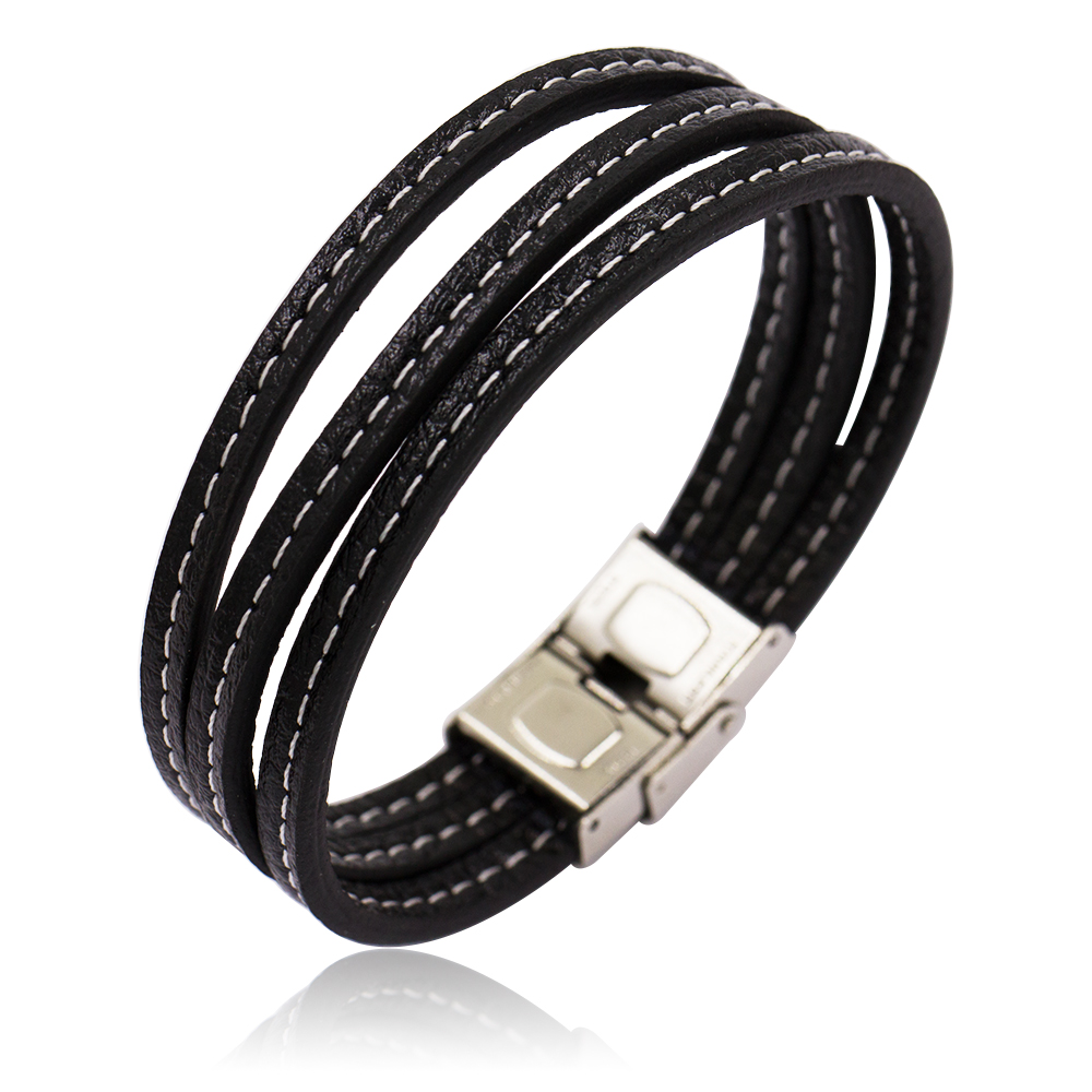 Fashion black leather and stainless steel bracelet bangle for boys