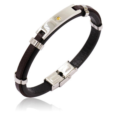 Simple double wrap black and brown leather rhinestone bangle