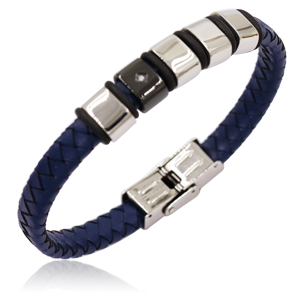 Blue leather european and american style design men bangle with stainless steel