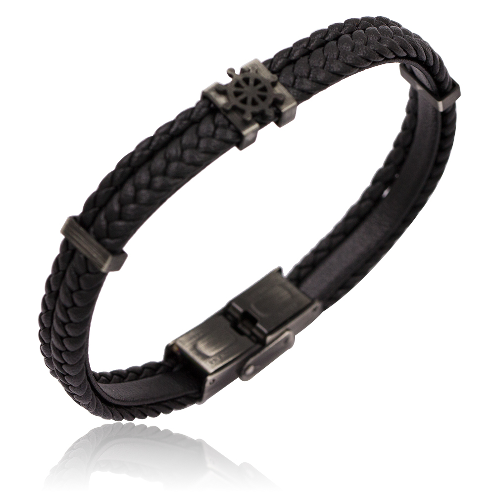 Low quantity custom order wholesale simple style black color men stainless steel bracelet bangle leather