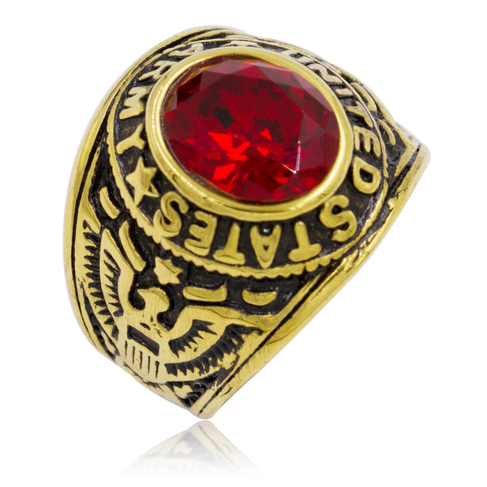 18 karat gold plated stainless steel ring,US army red stone ring