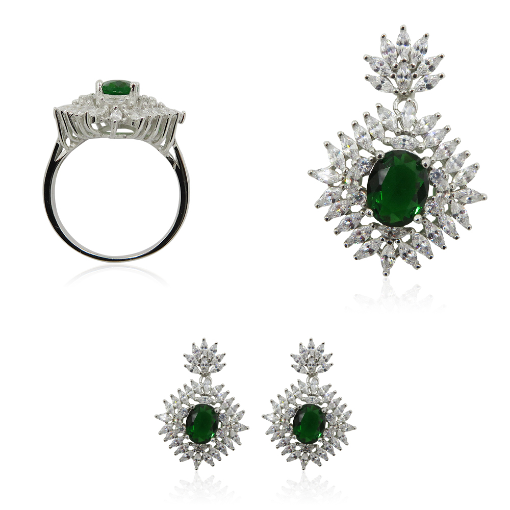 Green Gemstone Set 925 Sterling Silver Charming Earrings+Pendant+Ring Jewelry Set R4266vvij-L20