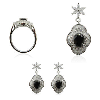 High Quality 925 Silver Women Earring Ring Black Stone Jewelry Set R4268vvio-L20