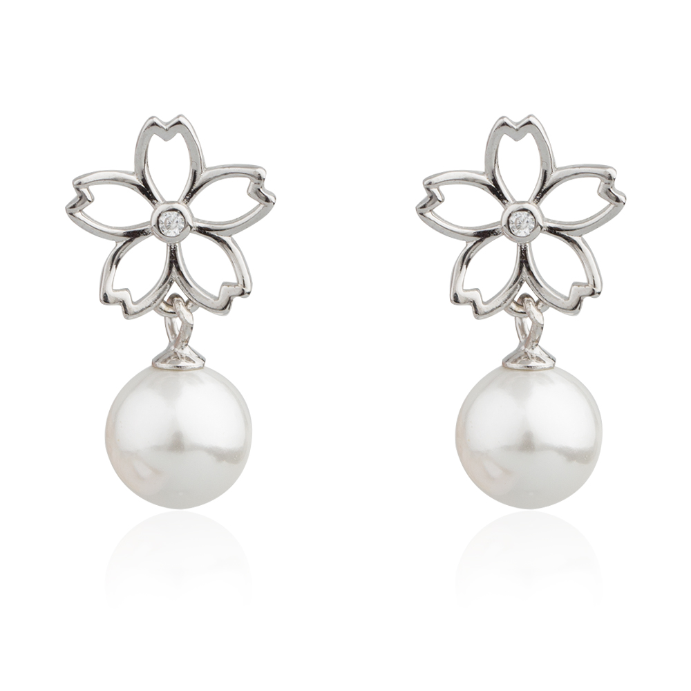 Delicate Hanging Long Silver Pearl Earrings With Flowers AE30075-M112