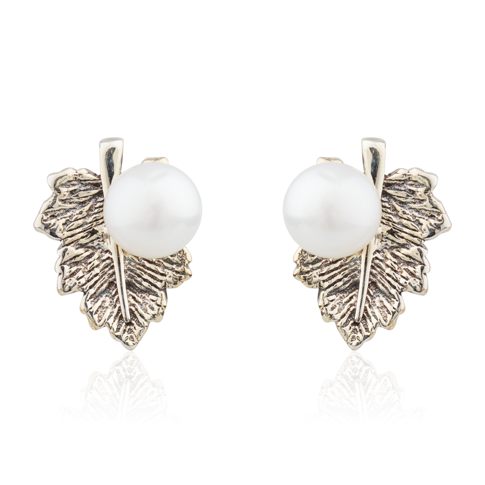 Fashion Custom Jewelry Leaf Shape  925 Silver Earrings With Pearls AE30082-M112